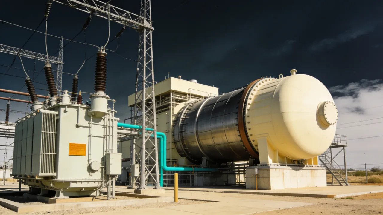 a logo-free gas turbine power plant beside high-voltage equipment before an earnings call.