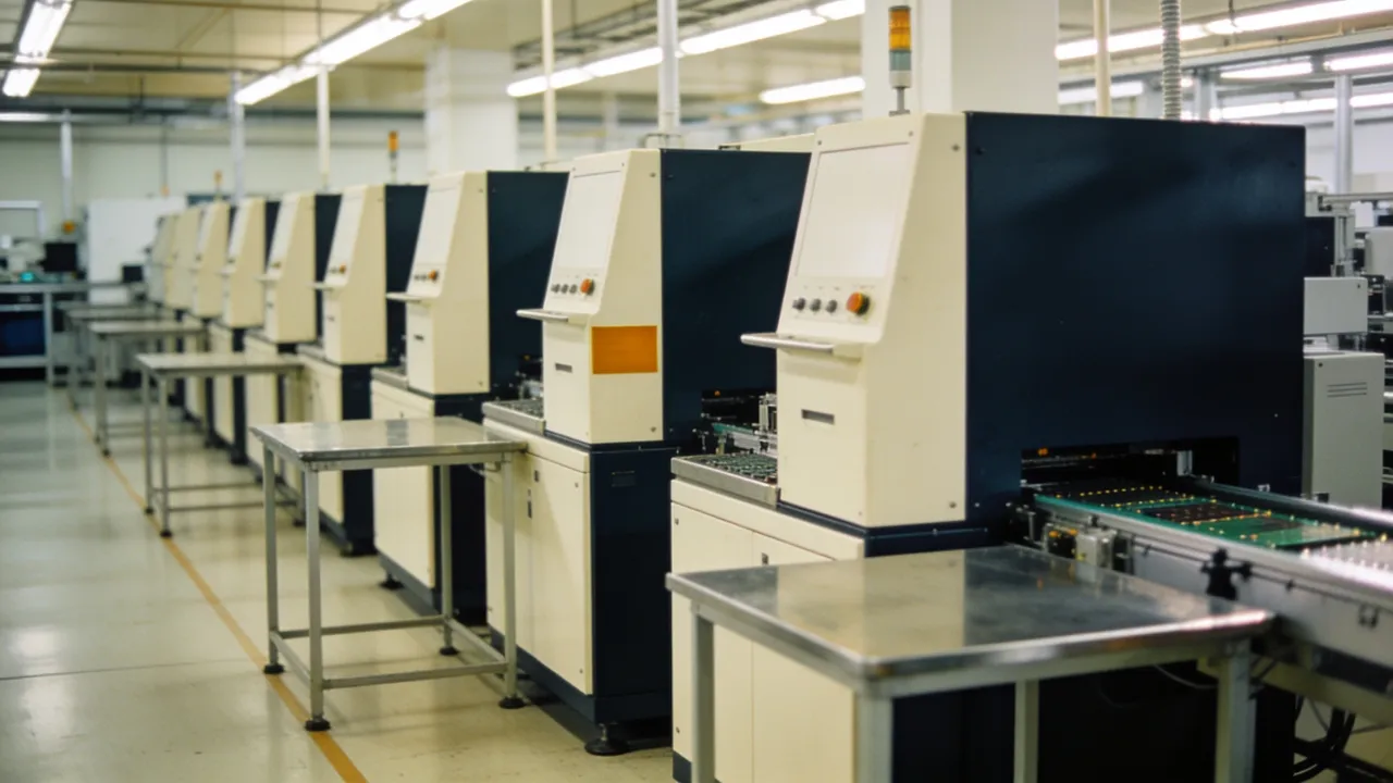 Illustration: an unmarked power semiconductor fabrication line before an AI data center earnings report