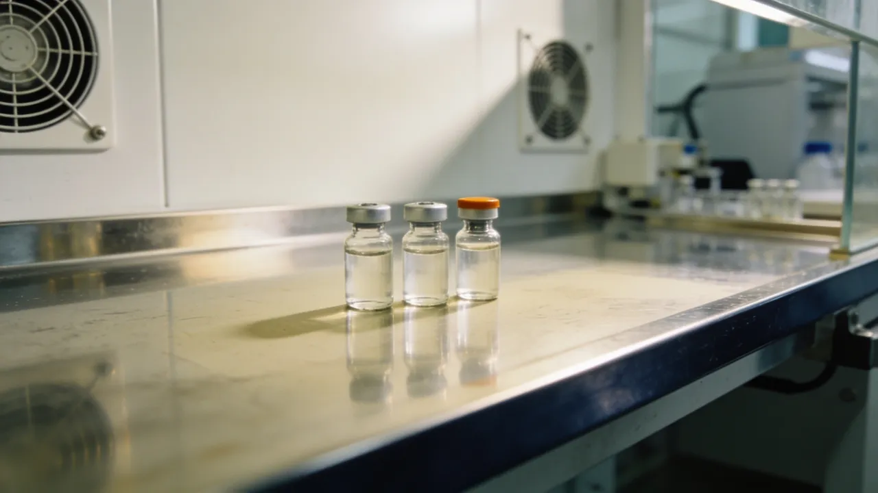 Illustration: unlabeled sealed vaccine vials inside a logo-free biopharma cleanroom before a trial readout
