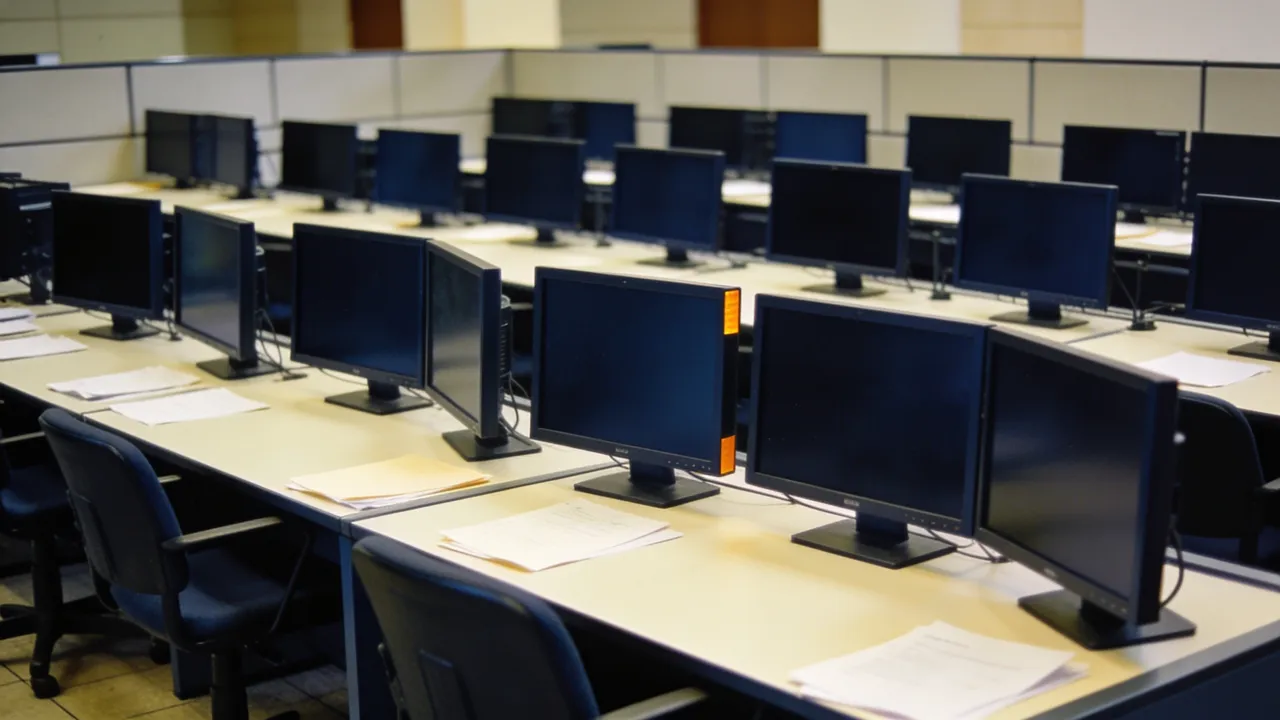 Image: an empty futures exchange trading floor with blank dark monitors before a CFTC report