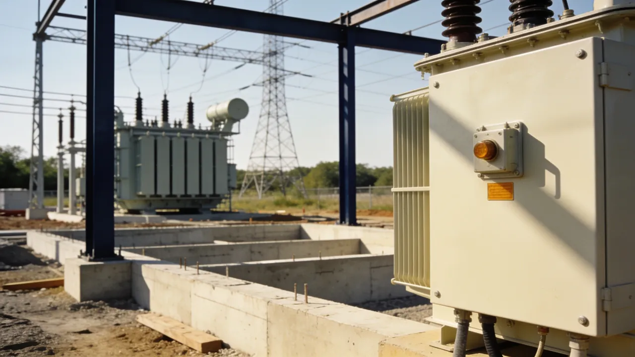 Image: a rural data center construction site beside high-voltage utility equipment