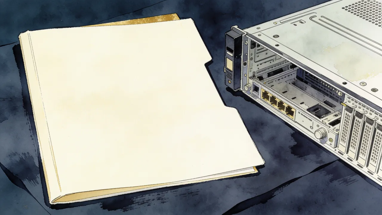 Illustration: a blank cream folder beside an open server chassis on dark ink-navy paper