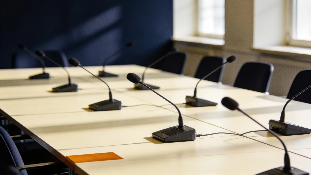 Photo: an empty conference table with blank microphones and unmarked equipment before a briefing