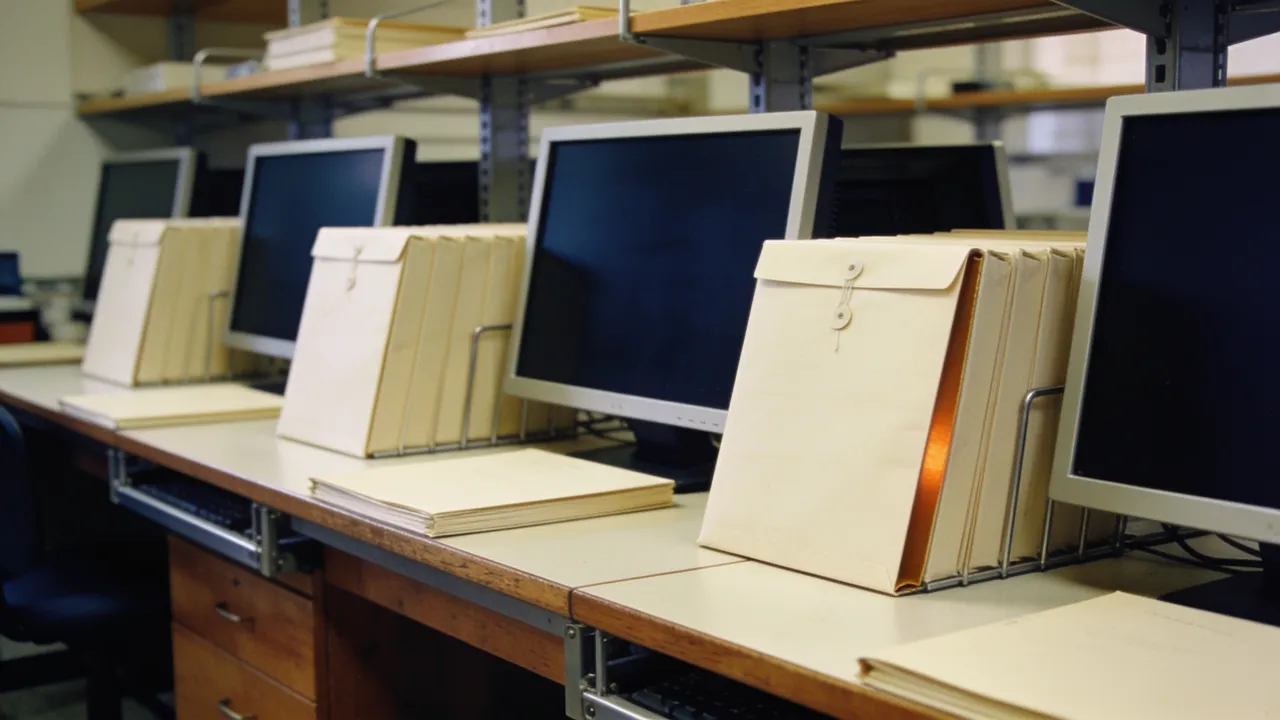 Illustration: a logo-free research computing lab with blank monitors and sealed manuscript folders
