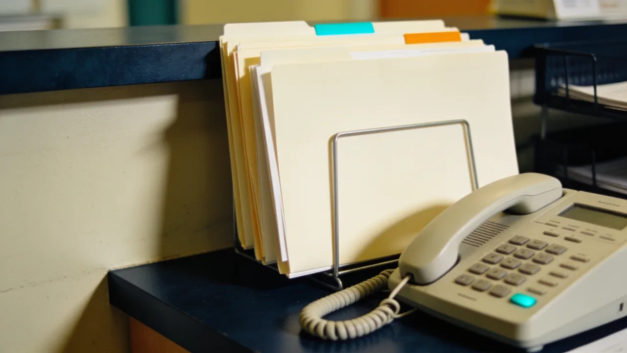 Illustration: a close view of blank medical folders beside an unbranded phone at a clinic intake desk