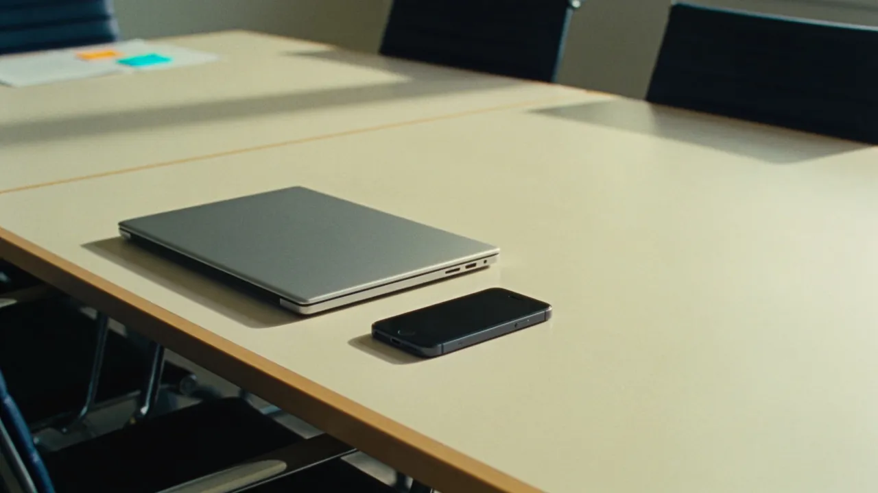 A closed blank laptop and unlit phone on an empty office conference table