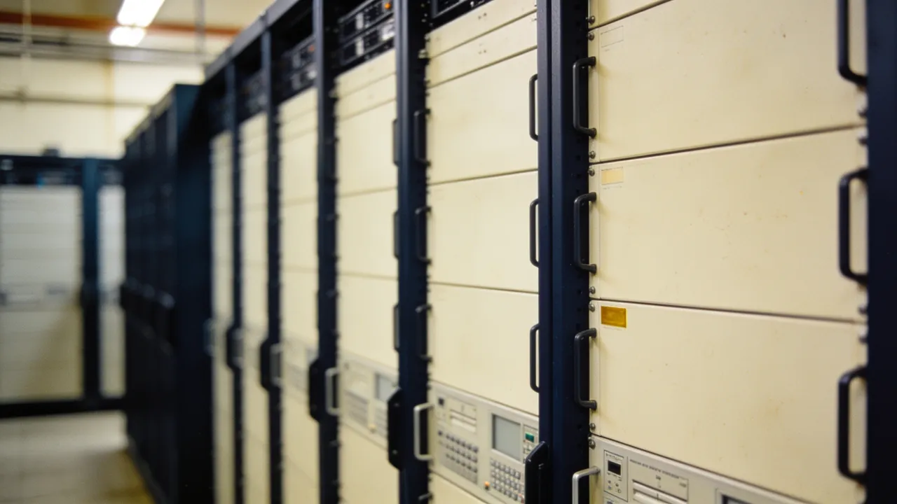 Photo: an empty logo-free server operations room during a cloud-service incident response