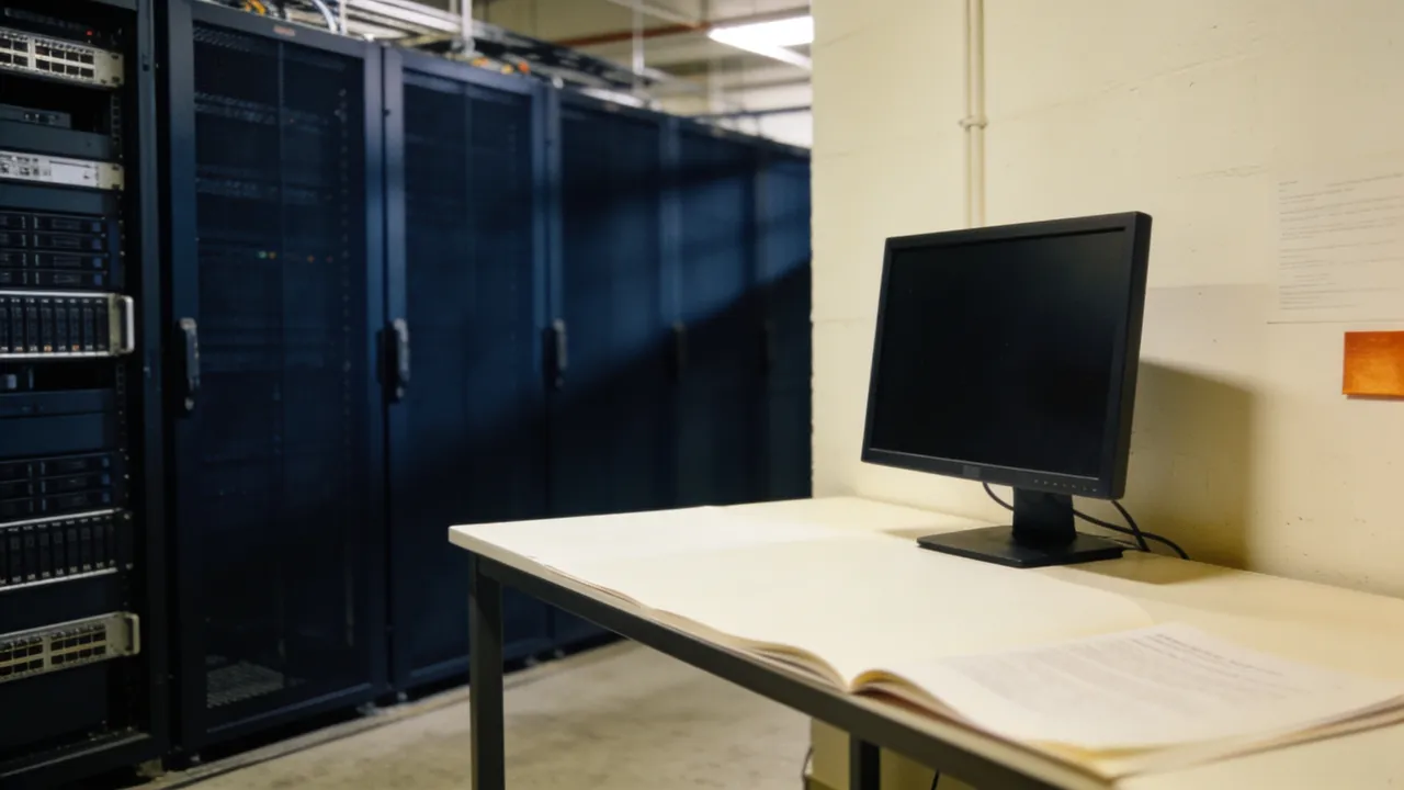 Photo: a logo-free developer workstation beside unmarked server racks before an AI model release