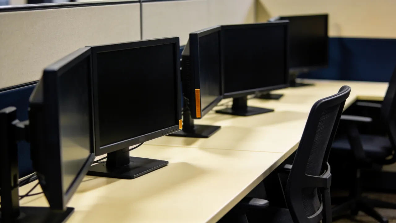 Photo: an empty securities trading floor prepared for an overnight session