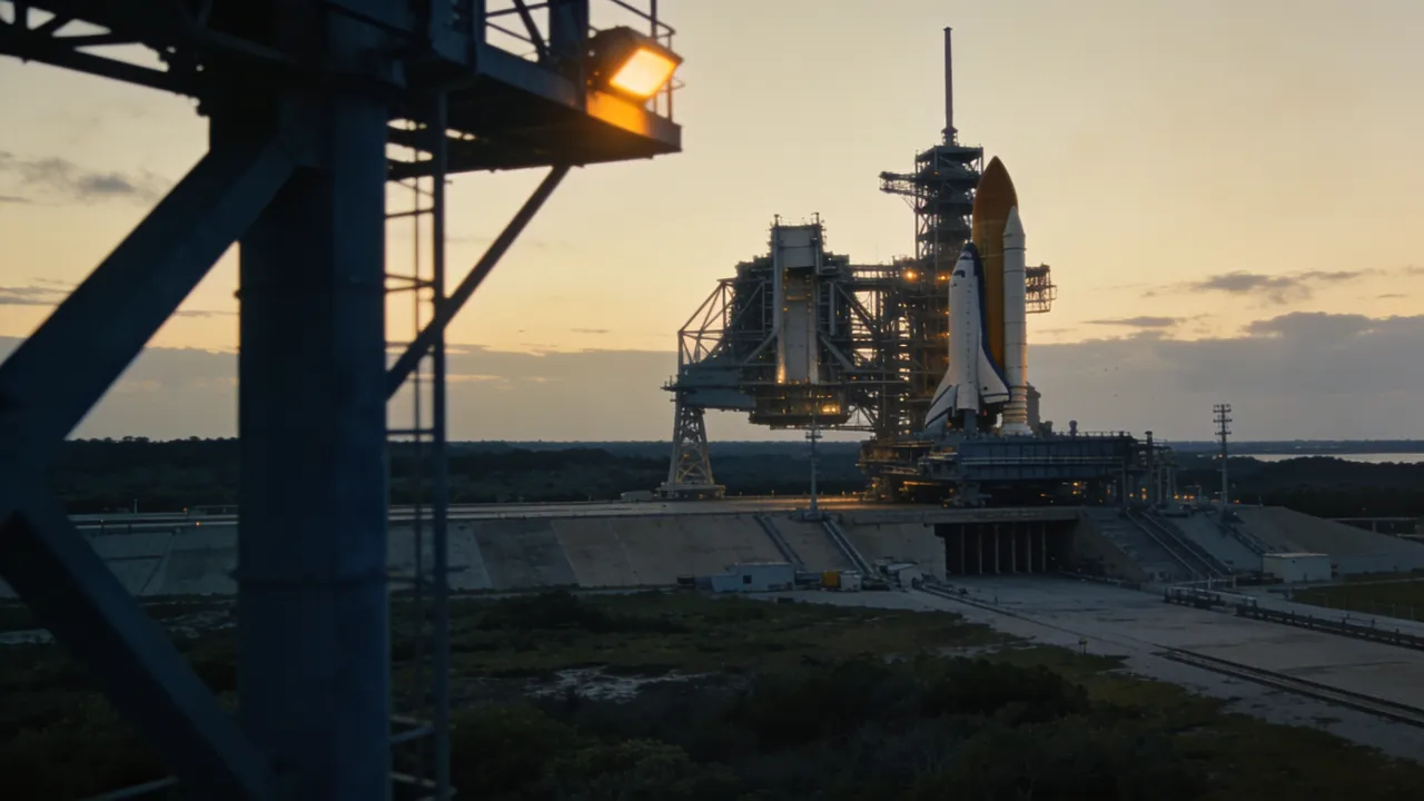 Photo: a logo-free rocket launch complex at dusk before a public earnings webcast
