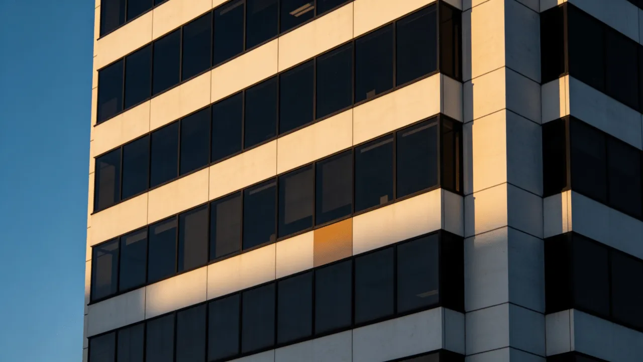 Illustration: a logo-free office tower exterior at dusk before a corporate earnings call
