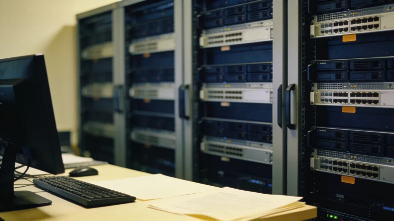 Photo: a logo-free developer workstation beside database server racks during automated project provisioning