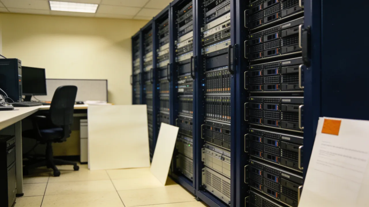 a logo-free developer workstation beside database server racks during automated project provisioning.