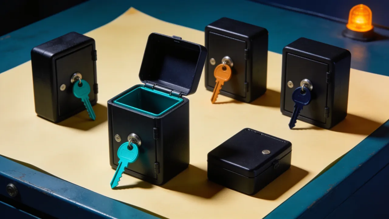 Matte black lockboxes opened by different colored keys on a cobalt workbench.