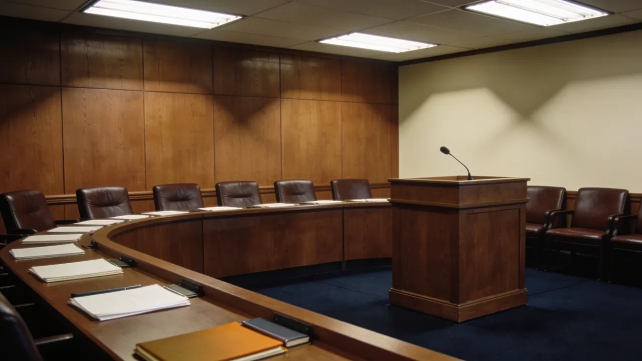 Photo: a financial regulator hearing room before an anti-money-laundering enforcement announcement