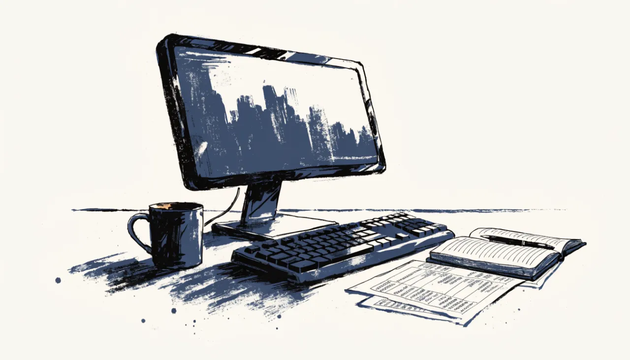 Restrained editorial illustration of an analyst workstation with unreadable chart shapes: image for