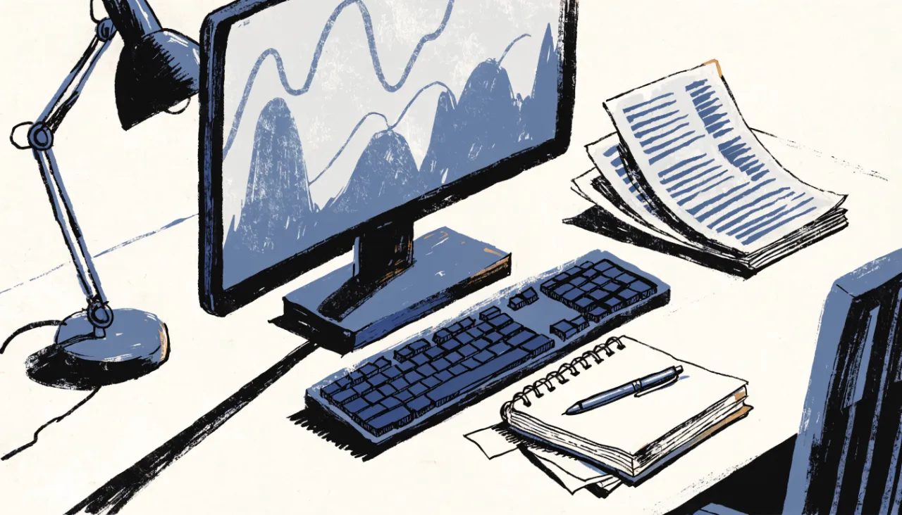 Restrained editorial illustration of an analyst workstation with unreadable chart shapes, alternate view: image for