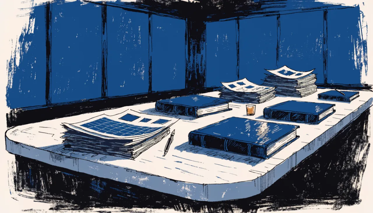 Restrained editorial illustration of portfolio binders on a boardroom table: image for