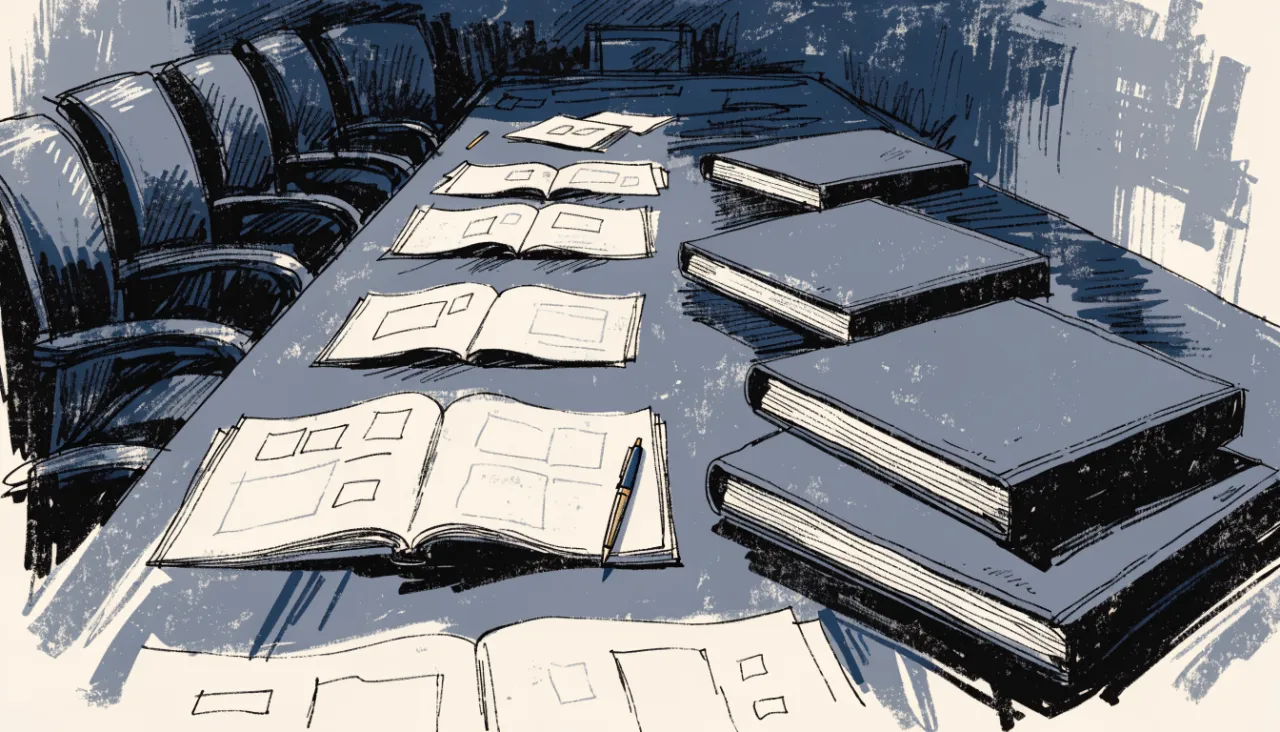 Restrained editorial illustration of portfolio binders on a boardroom table, alternate view: image for