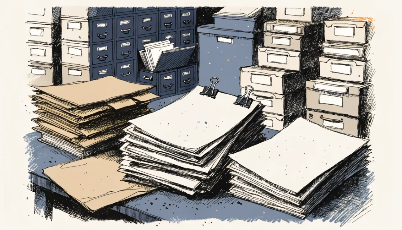 Restrained editorial illustration of filing folders and source documents: image for