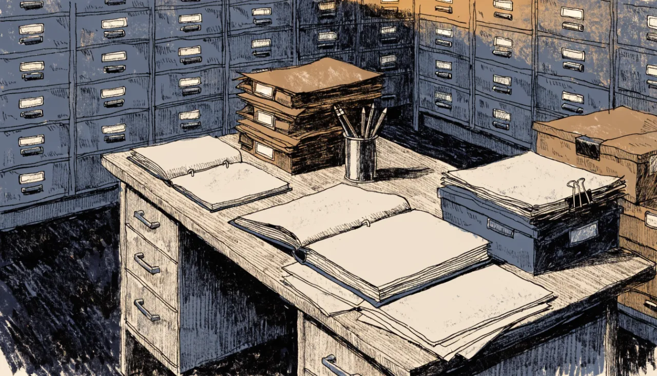 Restrained editorial illustration of filing folders and source documents, alternate view: image for