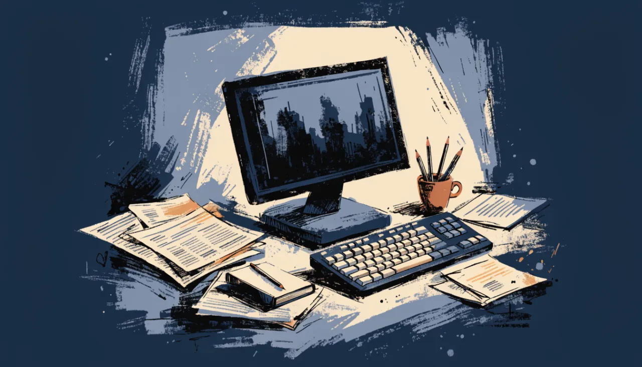 Restrained editorial illustration of an analyst workstation with unreadable chart shapes: image for