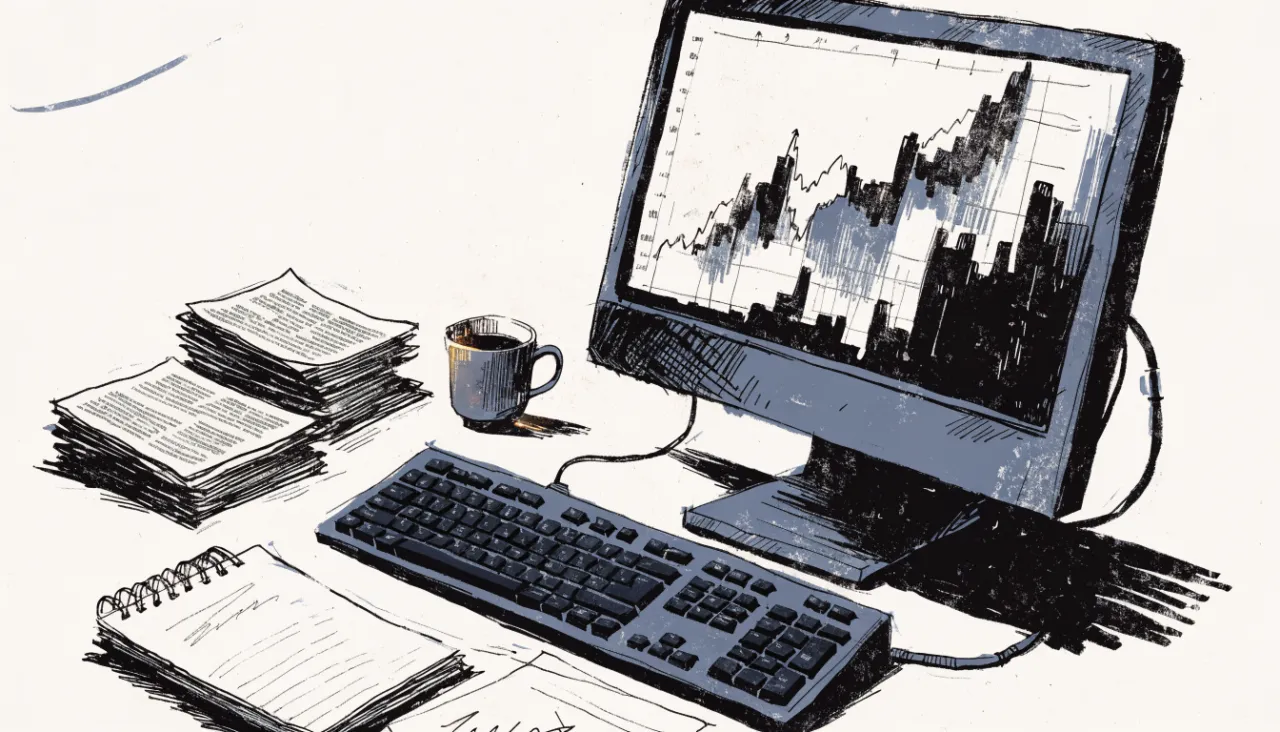 Restrained editorial illustration of an analyst workstation with unreadable chart shapes, alternate view: image for