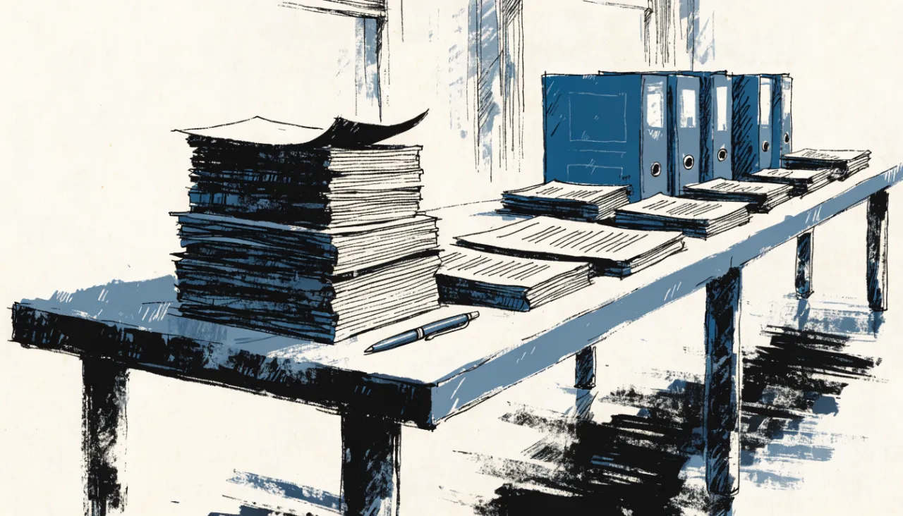 Restrained editorial illustration of portfolio binders on a boardroom table: image for
