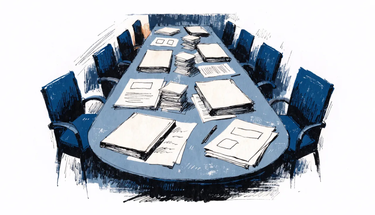Restrained editorial illustration of portfolio binders on a boardroom table, alternate view: image for