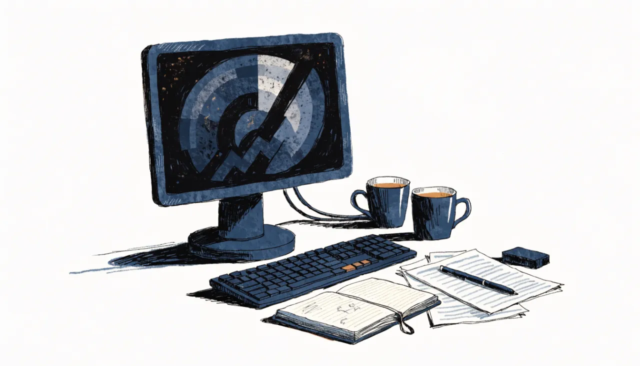 Restrained editorial illustration of an analyst workstation with unreadable chart shapes: image for