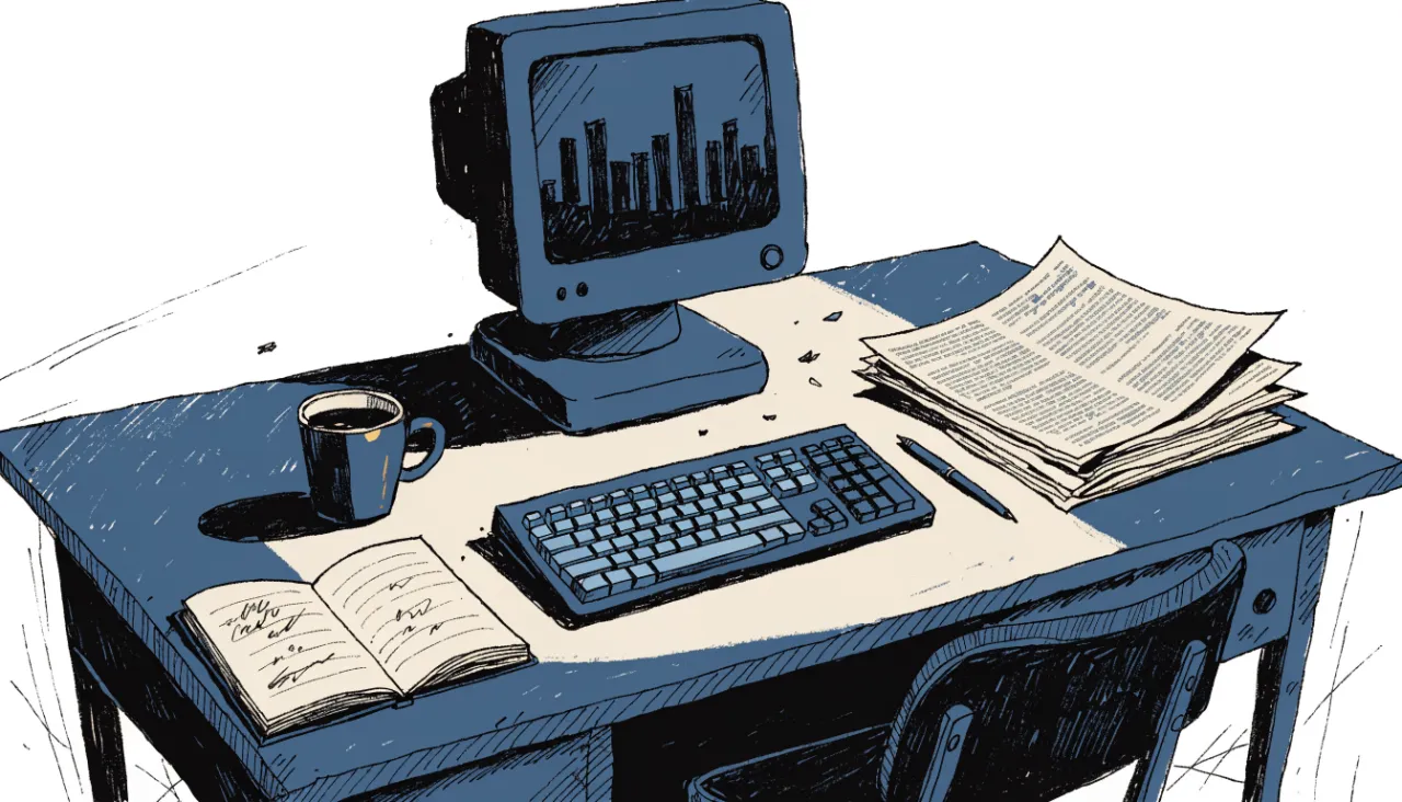 Restrained editorial illustration of an analyst workstation with unreadable chart shapes, alternate view: image for