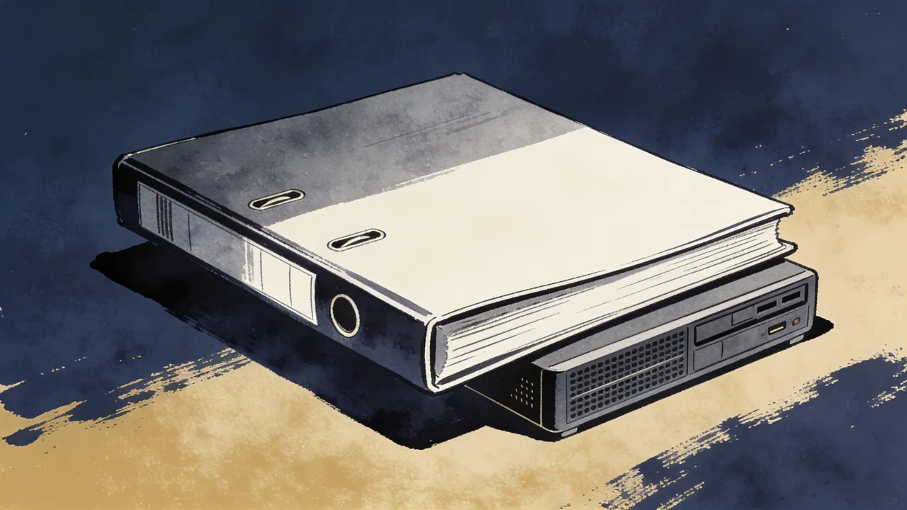 plain closed binder beside a compact source-data server.