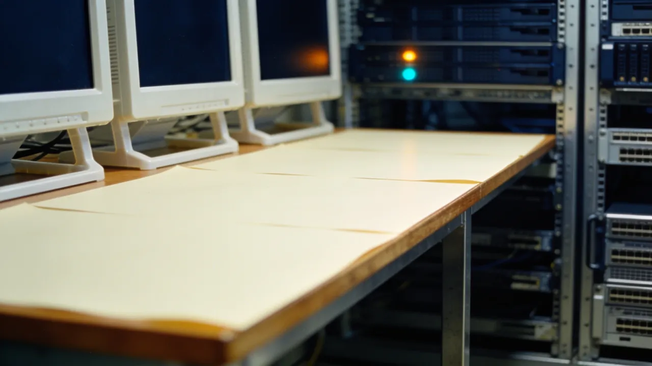 Illustration: logo-free server operations room with blank market-data workstations