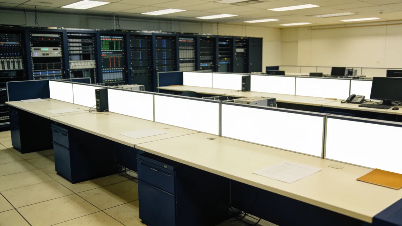 Illustration: logo-free server operations room with blank market-data workstations