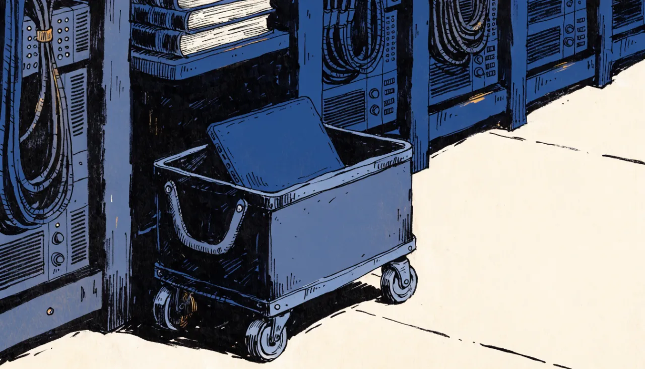Restrained editorial illustration of a tidy server room aisle with bundled cables: image for