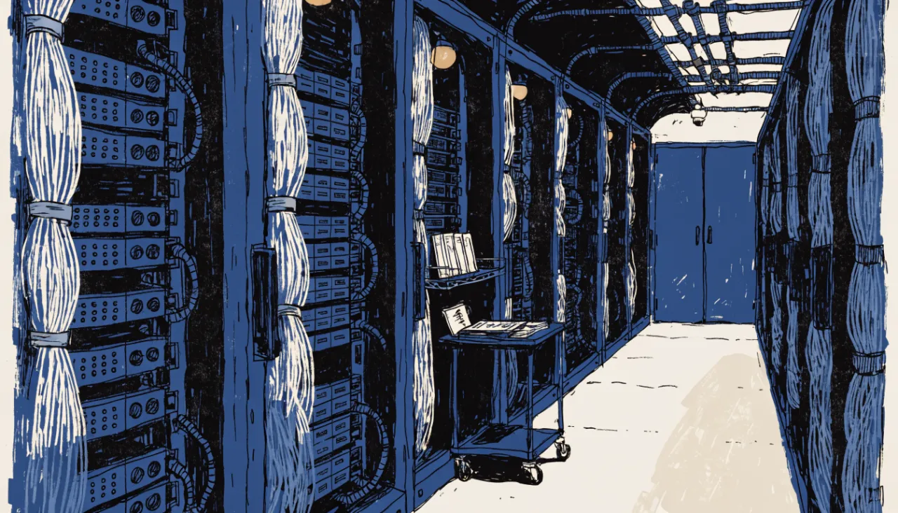 Restrained editorial illustration of a tidy server room aisle with bundled cables, alternate view: image for