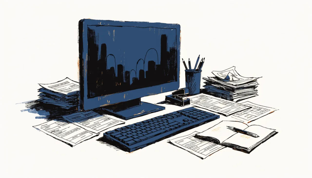 Restrained editorial illustration of an analyst workstation with unreadable chart shapes: image for