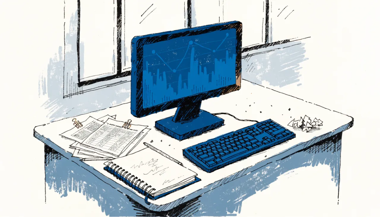 Restrained editorial illustration of an analyst workstation with unreadable chart shapes, alternate view: image for