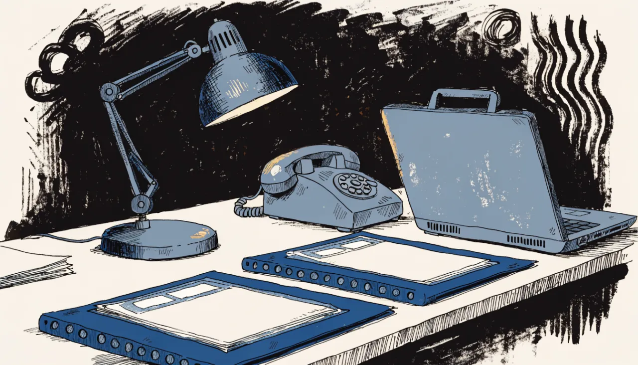 Restrained editorial illustration of compliance folders and a desk lamp: image for