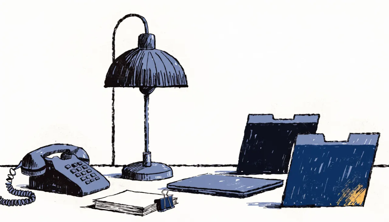 Restrained editorial illustration of compliance folders and a desk lamp, alternate view: image for