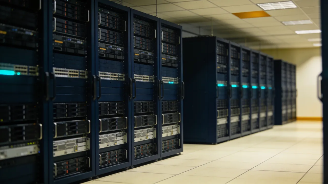Photo: a logo-free AI data center server hall with dense GPU racks