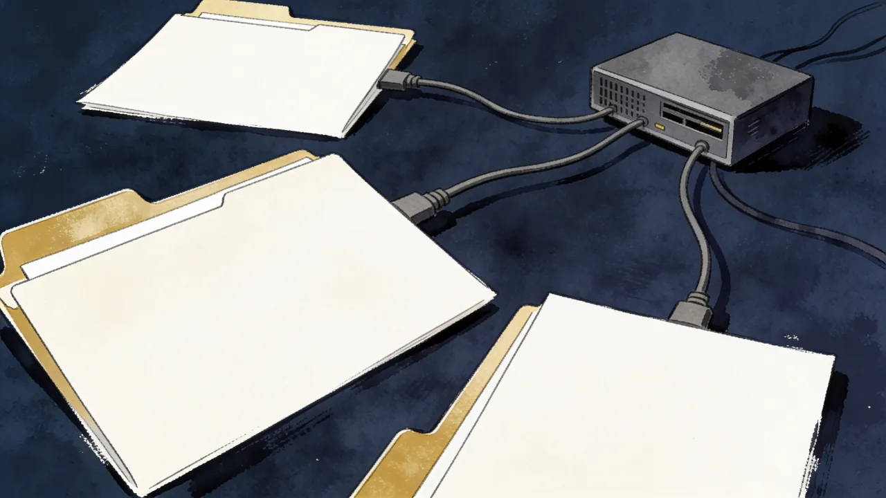 Illustration: blank filing folders connected by plain cables to a small server