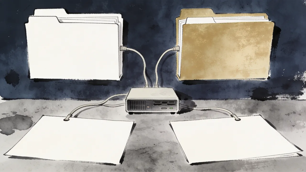 Illustration: blank filing folders connected by plain cables to a small server
