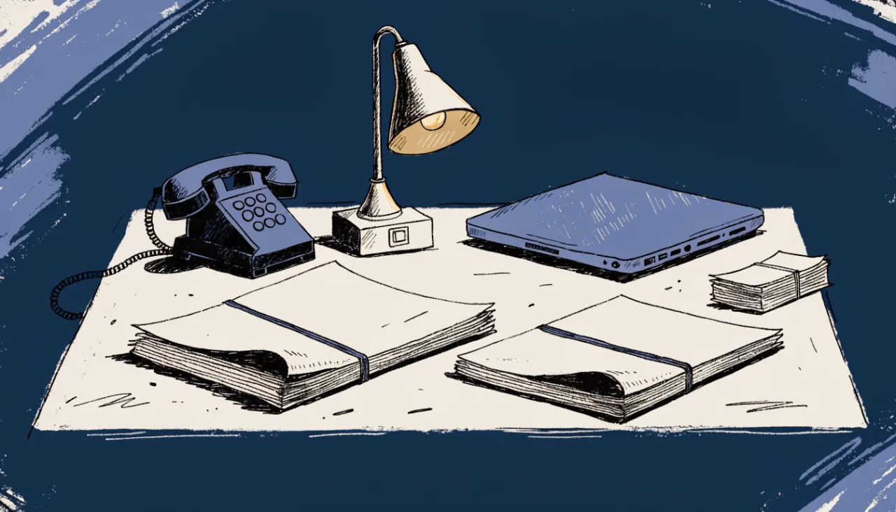Restrained editorial illustration of compliance folders and a desk lamp: image for