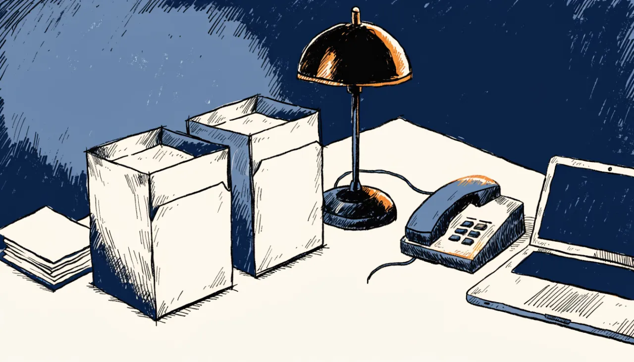 Restrained editorial illustration of compliance folders and a desk lamp, alternate view: image for