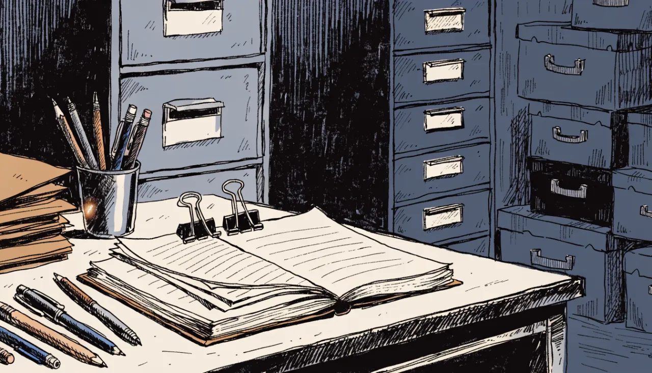 Restrained editorial illustration of filing folders and source documents: image for