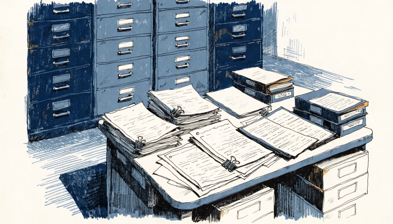 Restrained editorial illustration of filing folders and source documents, alternate view: image for