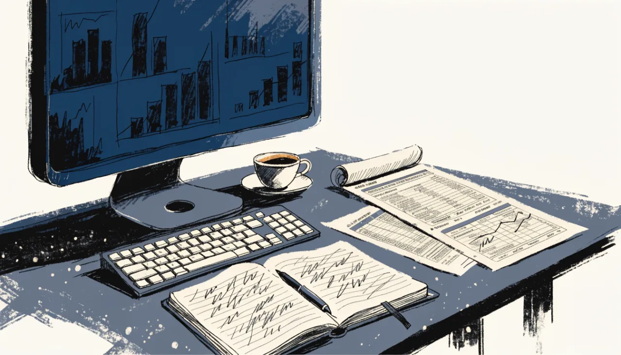 Restrained editorial illustration of an analyst workstation with unreadable chart shapes: image for