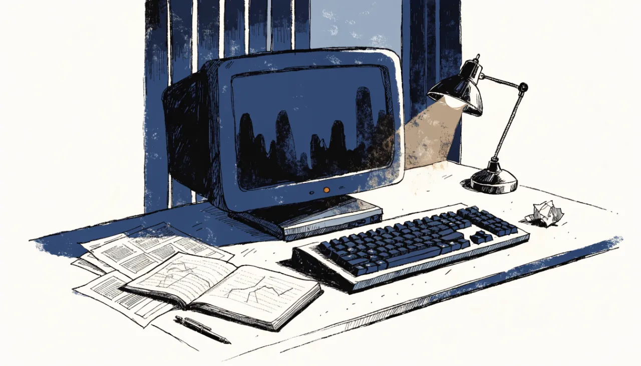 Restrained editorial illustration of an analyst workstation with unreadable chart shapes, alternate view: image for