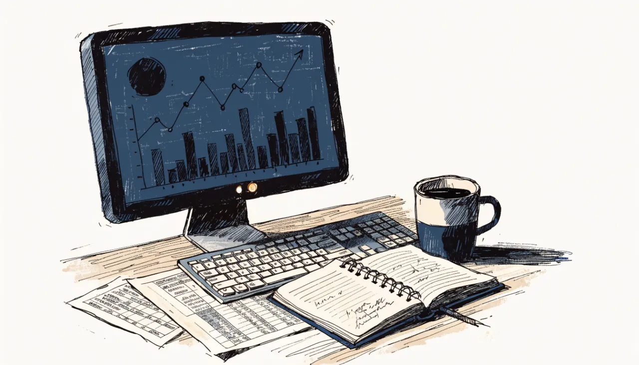 Restrained editorial illustration of an analyst workstation with unreadable chart shapes: image for